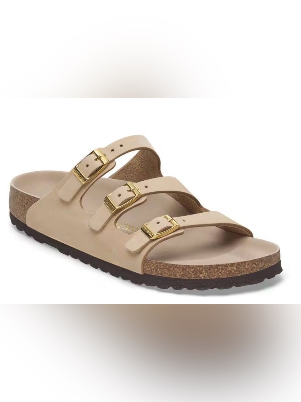 Birkenstock Women's Triple-Buckle Sandals in Sandcastle with Gold Buckles 38
